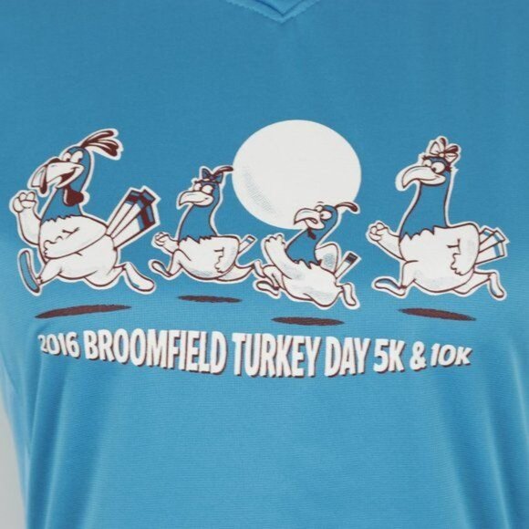 Broomfield Turkey Day 5K/10K Women's Small Blue Graphic V-Neck Short Sleeve Tee - Picture 6 of 7